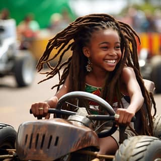 chocolate skin girl driving in the grand prix she has dreadlocks she is Jamaican she is a confident and beautiful smile