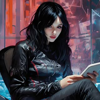 A female with straight black hair rides a black motorcycle sitting next to her phone in the style of cyberpunk manga