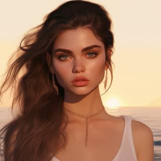 girl brunette long hair high definition summer sunset elegant young colorful sun lights