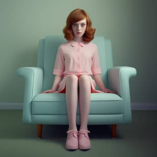 minimal 1960's style living room pastel pink colour theme light pale blue armchair 12 year girl including feet dressed in