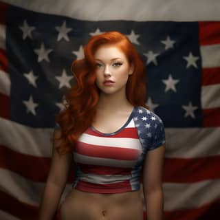 photorealistic beautiful plump redhead woman wearing an American flag crop top 25 years old