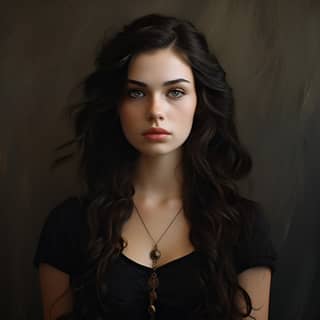 realistic photos of a brunette girl in her 20´s, woman with long hair and a necklace