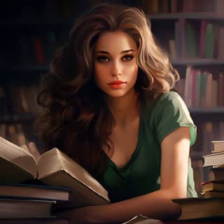 super intelligent with brown hair and green eyes sitting behind a stack of books reading