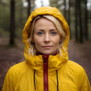 a 40 year old scandinavian woman in a yellow puffy jacket