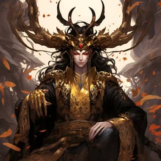 An Eastern emperor in a golden dragon robe antlers on his head young male black nails thin deep eyes heroic heroic exquisite