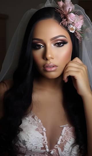 Complex white wedding dress beautiful latina woman from Brazil bold curves lace veil costume white flowers on head bouquet