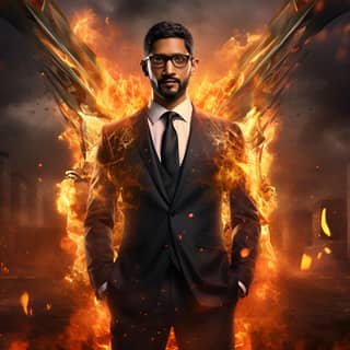 Sundar Pichai, PDG de Google, se tient devant le feu en costume et cravate, avec des ailes. Concept d'affiche de film pour Hunger Games.