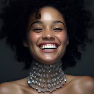 Maria Jackson overlapping celebrity image mashups smiling, with a necklace and a smile
