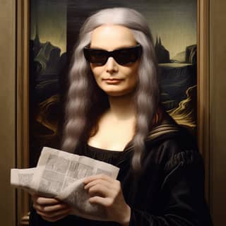 Photorealism of Manuscripts of Leonardo da Vinci's paintings the Mona Lisa the face of Karl Lagerfeld Exaggeration