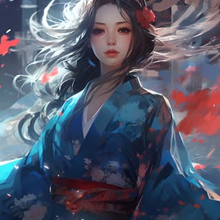 an illustration of a kimono wearing blue jacket and a blue veil in the style of ismail inceoglu sublime light effects red