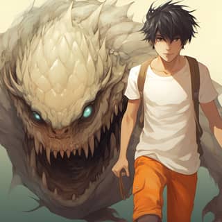 anime adult human with gieger creature companion, anime boy walking with a monster in front of him