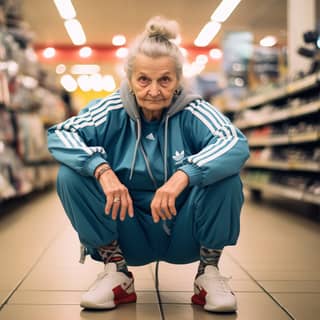 elderly woman slavsquatting in grocery store wearing Adidas tracksuit whimsical odd