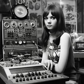 a female listening to radio on desk in the style of wes wilson 1st version playful machines jane small warmcore herbert