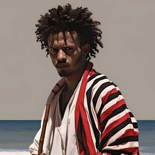 एक इथियोपियाई व्यक्ति जिसके बाल झटिले हैं, समुद्र तट पर खड़ा होकर एक छड़ी पकड़ते हुए, पारंपरिक-आधुनिक मिश्रण वस्त्र पहने हुए और संगीत से भरपूर वातावरण के साथ शांति का भाव ताकता है।