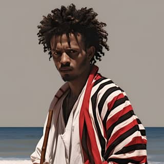 Um homem etíope com rastas fica na praia segurando um bastão, vestindo um traje de fusão tradicional-moderno com detalhes meticulosos e uma sensação de águas calmas e naturecore.