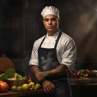 male chef, in a chef's uniform standing in front of a table with a variety of vegetables