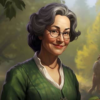 old and retired gardener Jennifer Tilly lookalike in a green and white apron is a smiling and mischievous lady in the style