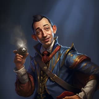 peewee herman as a dnd wild magic sorcerer, in a blue and red outfit holding a small object