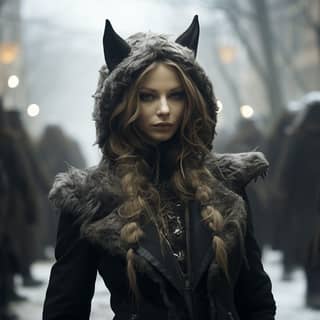 runway model cat ears furry goth heavy snow night tall high heels cemetary dark atmosphere