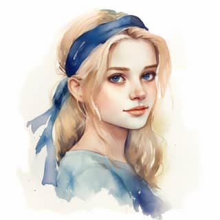 in watercolor create of Alice blonde girl with medium-length smooth hair is dreamy She has a blue headband in her hair