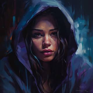 woman wearing a hood in the style of andreas rocha john larriva ramses younan mysterious elegance slumped/draped dau al set