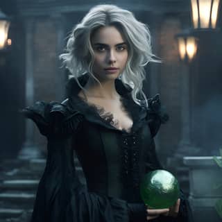 Ana de Armas as a sorceress goth pale skin evil grin powdered wig hair up in a bun white hair holding green orb noble cloak