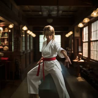 memakai pakaian karate putih, menyerupai Karate Taylor Swift