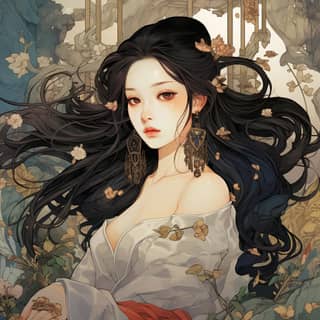 Mugunghwa, anime girl with long black hair and flowers