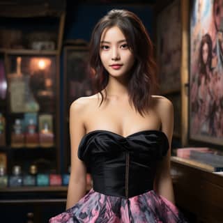 Taiwanese model in a black strapless top in the style of cosmic symbolism dark pink and light indigo happycore delicate