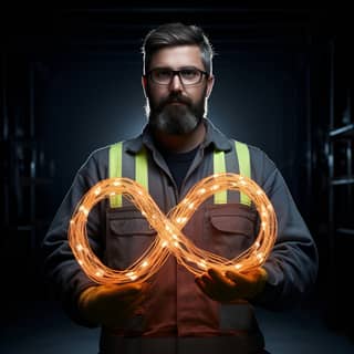 an engineer holding a fibre optic cable in the shape of the infinity symbol with light emitting from the ends of the cable