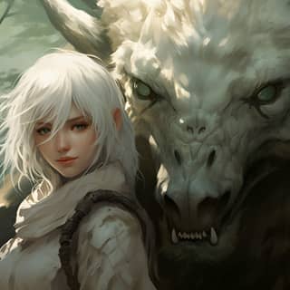 anime human with gieger creature companion, with white hair and a wolf is standing next to her