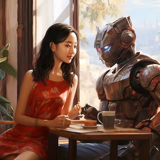 casual Asian girl flirting with a robot, sitting at a table with a robot