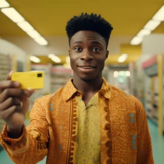 a close up of Nigerian man holding up his credit card to pay in a Nigerian supermarket He wears a yellow patterned shirt