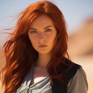 female Conan wearing tight rags oasis in the desert long red hair bold curves photo taken on phase one XF IQ4