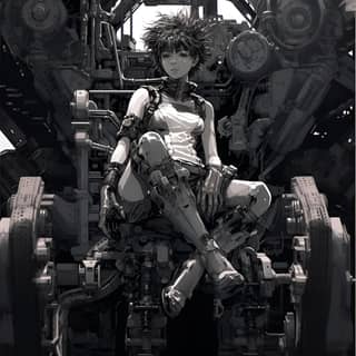 Un personaggio femminile siede su un robot in una fabbrica, nello stile del manga cyberpunk, con splendide incisioni in bianco e nero e personaggi ispirati all'anime.