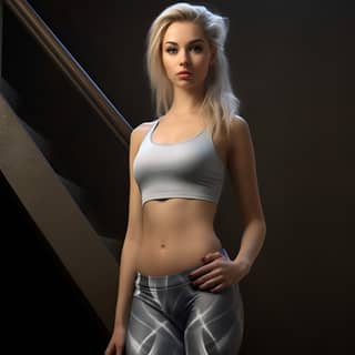 Uma jovem mulher está posando com um top branco e leggings pretas, exibindo curvas delicadas e linhas finas.