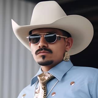 a guy in a cowboy hat posing with glasses and big r in the style of cryptidcore chicano-inspired light gray and light brown