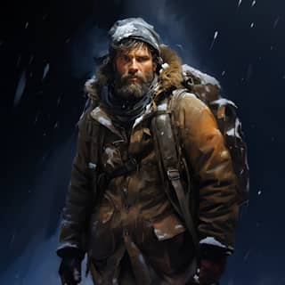 a handsome blue-eyed prospector wearing winter clothes a backpack at his feet winter weather snow fog he looks concerned