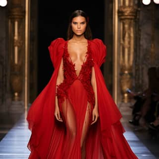 model in a red long dress with draperies on the shoulder turning into a train on the sleeves Zuhair Murad 2024