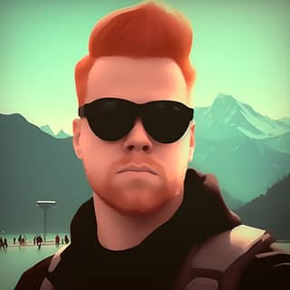 with red hair and sunglasses is standing in front of a mountain