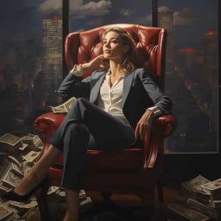 a rich female investor, in a suit sitting on a chair with money