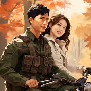 Uma mulher está andando de moto com os atores coreanos Hyun Bin e Son Ye-jin em uma floresta de outono fofa, ambos sorrindo suavemente e mostrando características coreanas.