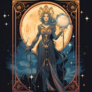 vector art tarot card, the goddess of the moon is holding a crystal ball