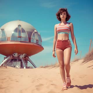 young cute woman in short shorts walking on the sand photography in the style of retrofuturism in the background beach