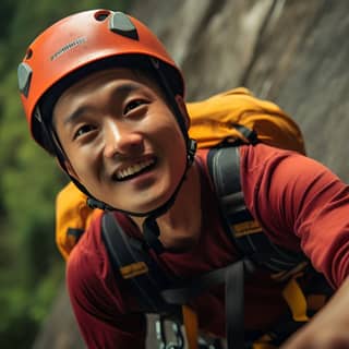 Un hombre asiático con una cara feliz está escalando rocas mientras usa un casco.