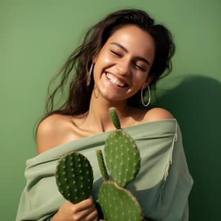 Female wrapping arms around a cactus while looking happy Background minimalistic green colored