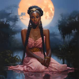 Impressionism oil painting African woman night time moonlight, in a pink dress sitting on the water