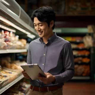 Una donna asiatica ventenne controlla l'inventario in un negozio di alimentari, tenendo in mano un tablet e una clipboard. È concentrata e sorridente mentre esamina gli scaffali per il suo negozio commerciale.