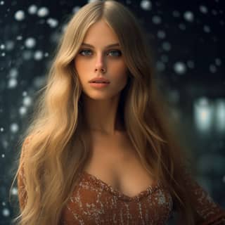 as beautiful woman tight v neck sweater snowing, blonde woman with long hair