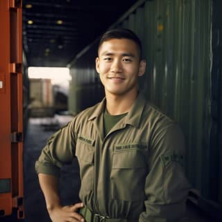 Hombre asiático en uniforme parado junto a un contenedor de envío, toma de cuerpo entero con una cámara Hasselblad, sonriendo.